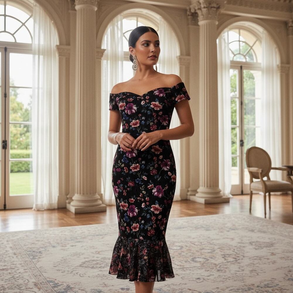 Siena Black Floral Off‑Shoulder Dress Size 2 NWT Zip Closure Removable Stra